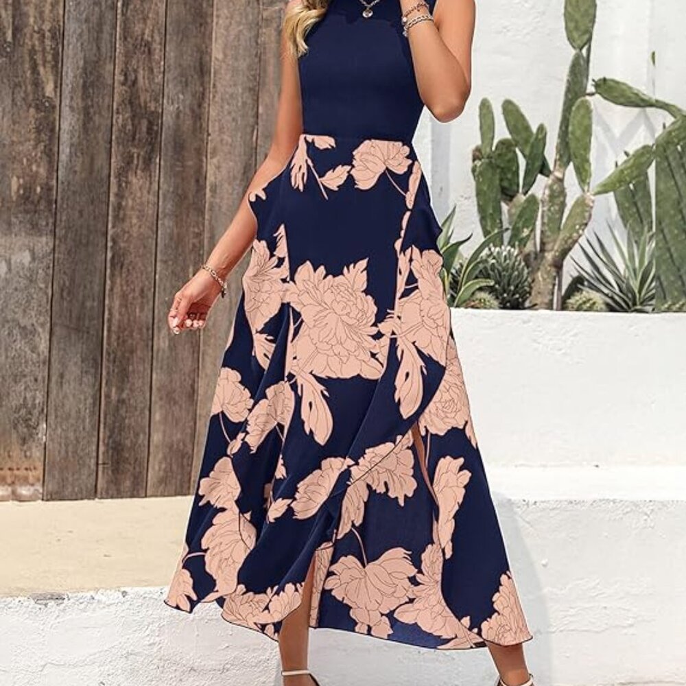 BTFBM Women Casual Summer Dress Crewneck Patchwork Boho Floral Ruffle, L